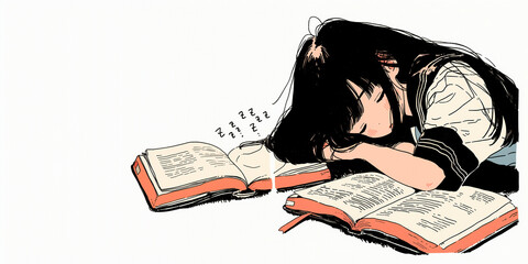 受験勉強を頑張りすぎて寝ちゃった少女。イラスト。水彩画。