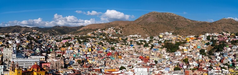 Wide angle cityscape of Guanajuato, Mexico at daytime