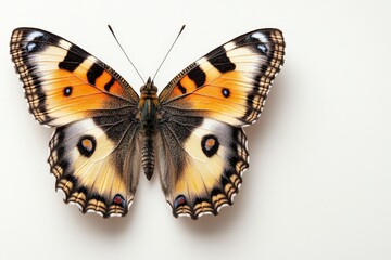 Bright butterfly perched on a light surface displaying vivid colors and intricate patterns