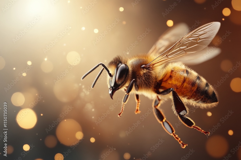 Poster honeybee in flight with sparkling background showcasing detailed features and vibrant colors