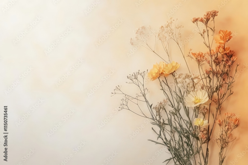 Poster soft pastel flowers arranged on a minimalist background creating a serene and calming atmosphere
