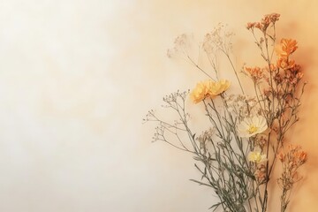 Soft pastel flowers arranged on a minimalist background creating a serene and calming atmosphere