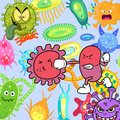 health, illustration of antibodies fighting germs in the body
