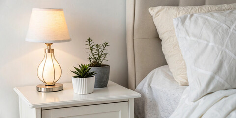 Generative ai. a nightstand with a lamp on top of it next to a bed with pillows and a blanket. On the nightstand there are two pots with plants, and in the background there is a wall