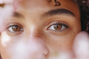 Fototapeta premium Close-up of a young woman with captivating brown eyes framed by delicate pink flowers in a natural setting during daylight
