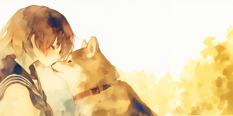 柴犬と戯れる少女。水彩画。イラスト。挿絵イラスト