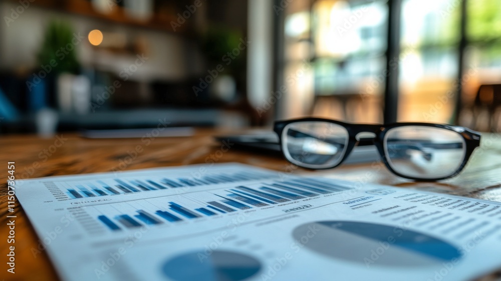 Poster data analysis on a wooden table with glasses and charts in a bright workspace setting