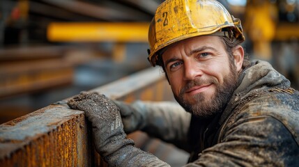 Worker inspecting rusted steel beam at construction site in daylight near urban area