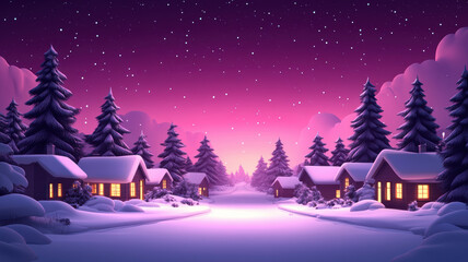 Obraz premium Cartoon winter scene with houses and christmas trees for text