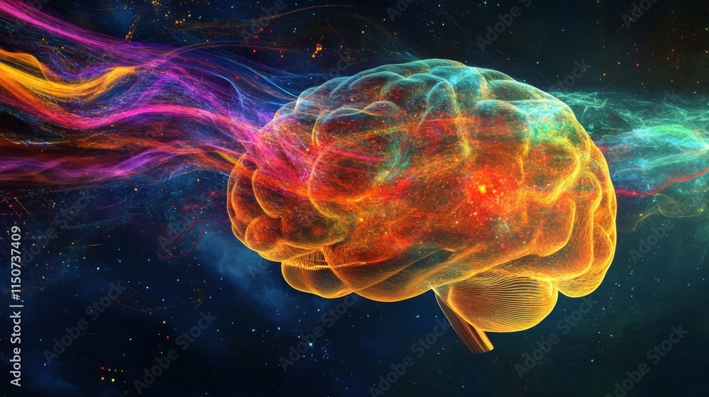 Poster Colorful Abstract Brain with Energetic Waves in Deep Space