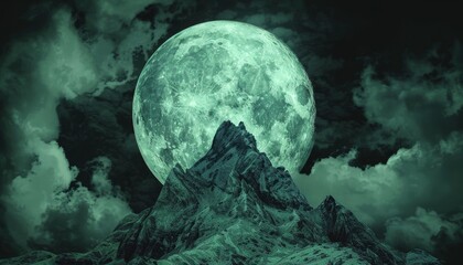 Majestic mountain peak with a luminous orb hovering amidst turbulent stormy clouds