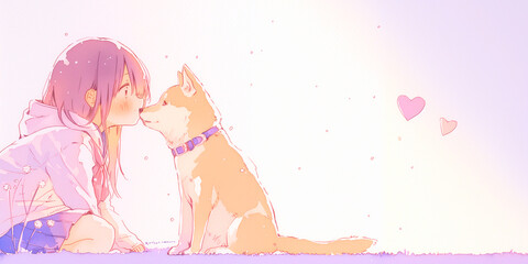 柴犬と戯れる少女。水彩画。イラスト。挿絵イラスト