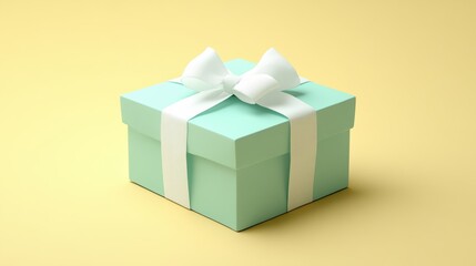 Pastel mint gift box with white ribbon on yellow background