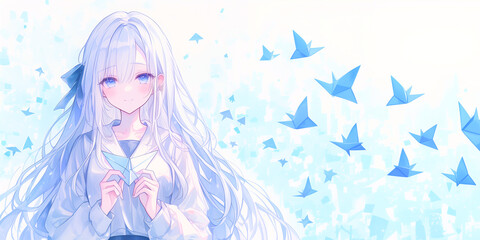 Obraz premium 折り紙が好きな少女。水彩画。イラスト。