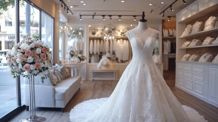 Bridal gown display in a boutique setting with intricate lace detailing