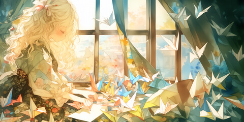折り紙が好きな少女。水彩画。イラスト。
