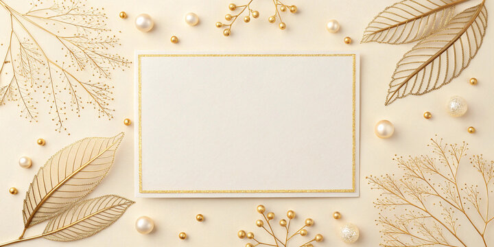 Generative ai, a flat lay of a white rectangular frame with a gold border. The frame is placed in the center of the image and is surrounded by various decorative elements such as leaves, branches