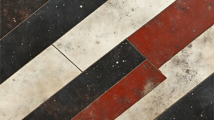 Angled rectangular tiles in black white and red