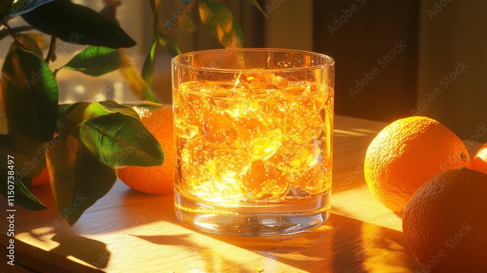 Poster Refreshing Citrus Drink in Glass on Wooden Table with Oranges