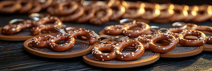 Oktoberfest party favors like mini pretzel keychains and themed beer coasters displayed