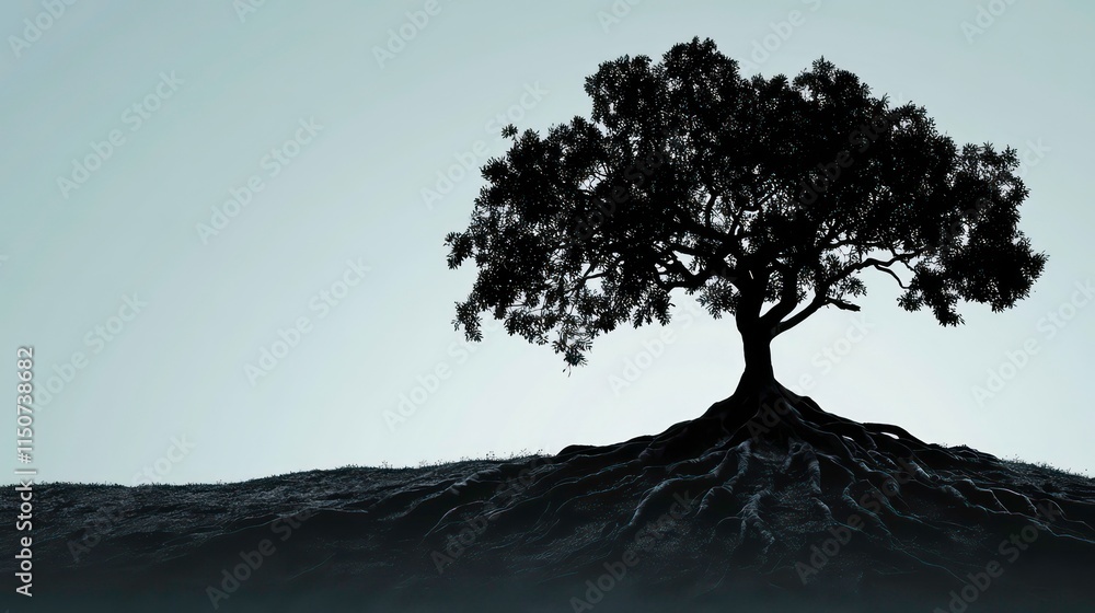 Poster Silhouette of a large tree with exposed roots on a hill against a muted sky.
