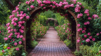 Fototapeta premium Beautiful rose garden pathway with vibrant blooms during golden hour