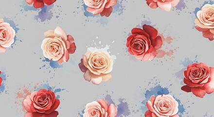 Beautiful seamless floral pattern.  Red, pink, peach roses. Watercolor paint splatters.