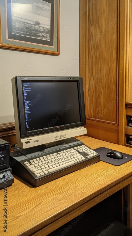 Poster vintage computer setup with monitor and keyboard on a wooden desk