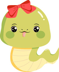 Cute kawaii cartoon snake with bow isolated vector chinese lunar new year element