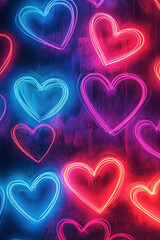 Digital art wallpaper of neon hearts, glowing in vibrant shades of red and blue. Valentine's Day card design.