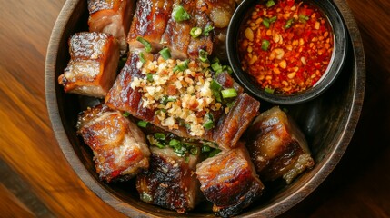 Savory Grilled Pork Belly Slices Served with Spicy Dipping Sauce