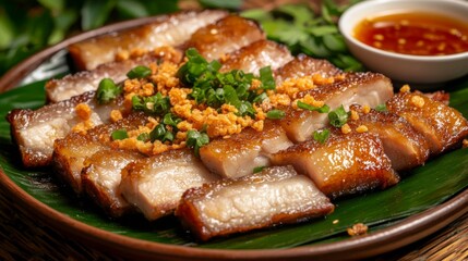 Sizzling Crispy Pork Belly with Garnish on Banana Leaf Presentation