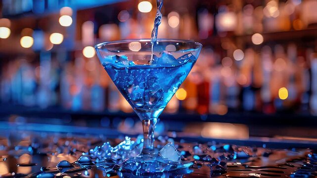 Bartender's hand pours a delicious refreshing alcoholic drink whiskey cocktail with ice on the counter at the bar