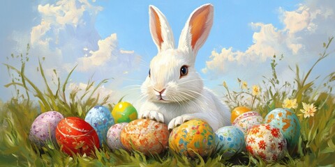 A white bunny sits in a vibrant meadow, observing a collection of intricately decorated Easter eggs. The sky is bright with soft clouds. Generative AI