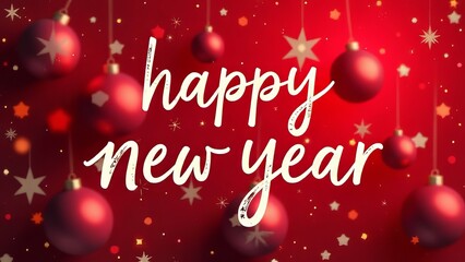 Big white Handwriting thin Letters “happy new year ” over Christmas background