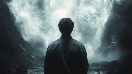 Obraz premium Mysterious figure standing before a powerful waterfall in a secluded natural landscape
