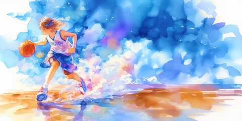 バスケットボール好きの少女。水彩画。イラスト。
