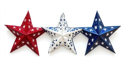Obraz premium Three patriotic stars in red, white, and blue, isolated on white background.