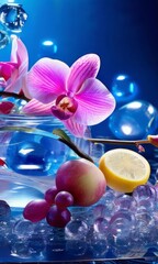 Fototapeta premium Vibrant composition featuring purple orchid, glass with ice cubes, yellow lemon, colorful spheres. Modern, fresh aesthetic ideal for beverage, wellness, floral themes. Bright, enticing colors.