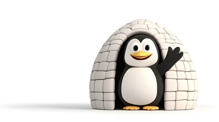 Cheerful Penguin in Front of an Igloo with a Friendly Wave white background