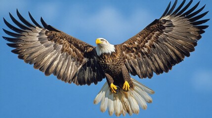 Obraz premium Majestic bald eagle soaring above snow-covered mountains under clear blue sky