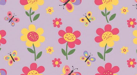 Fototapeta premium Vibrant whimsical floral pattern with colorful flowers and butterflies, concept for textile design, wallpaper and children's party decoration