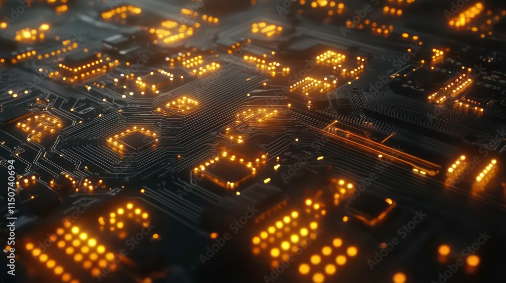 Poster Close-up of illuminated circuit board with glowing components.