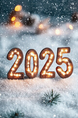 New Year's Eve Banner in a winter scene with sparkling lights with text „2025“ on it