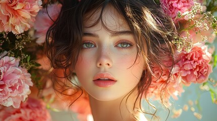 Naklejka premium Portrait of a Young Woman Surrounded by Vibrant Pink Flowers