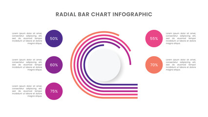 Radial bar chart diagram infographic with 5 segments or rings.
