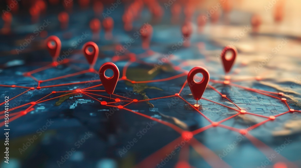 Poster Global network map with red location pins interconnected by lines.