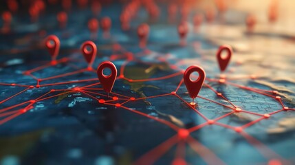 Global network map with red location pins interconnected by lines.
