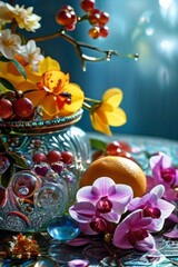 Elegant purple orchid with crystal glass of ice, lemon, and vibrant spheres. Perfect for floral, beverage, or wellness themes. Bright colors, fresh and modern composition.