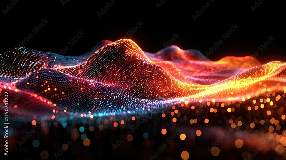 Poster abstract digital landscape with glowing waves and particles.